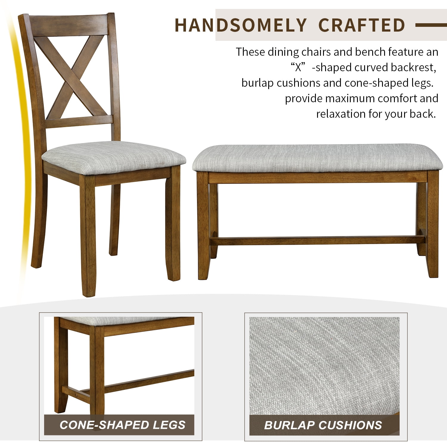 Kadyn Rectangular Dining Table Set 6 Pc, Wooden Modern Dining Chairs Seat, 6-piece Kitchen Dining Table Set Dining Table, 4 Dining Chairs and Bench, Brown Kadyn Rectangular Dining Table Set 6 Pc, Wooden Modern Dining Chairs Seat, 6-piece Kitchen Dining Table Set Dining Table, 4 Dining Chairs and Bench, Brown