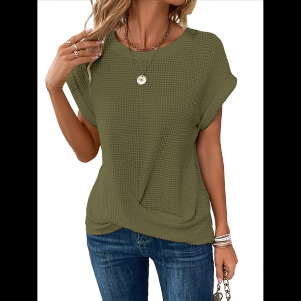 Camisetas para Mujer, Camisetas Informales con Mangas Murciélago Lisas y Dobladillo Cruzado, Camisetas Ajustadas A Verde Oliva M
