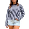 thumbnail image 3 of Womens Striped Long Sleeve Shirts Y2k Oversized Drop Shoulder Sweatshirt Crewneck Color Block Pullover Tops Navy M, 3 of 6