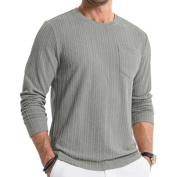 Thrilos Mens Long Sleeve Shirts Crewneck Casual Tops Pullover Work Shirts Stretch Textured Knit T-Shirts with Pocket