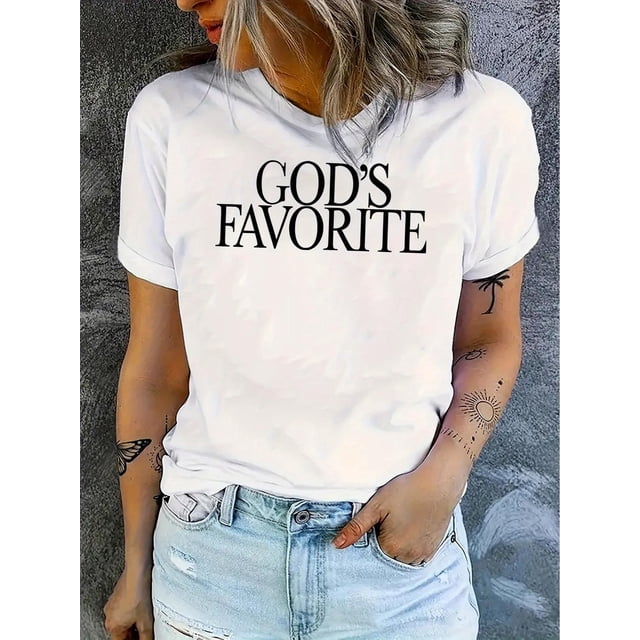 Camiseta De Verano Para Mujer, Moda Informal, Ropa Cómoda, Camisetas De Manga Corta MSimple English Favorite God Pattern Printing Women'S Fashion Trend Round Neck Short Sleeve, Simple Casual Sports