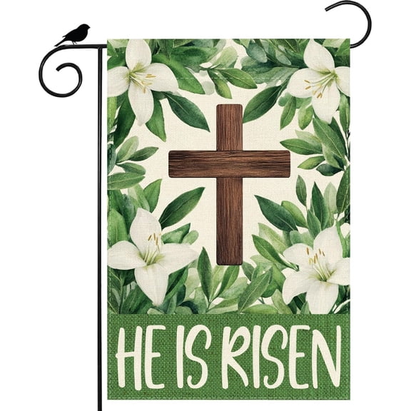 He is Risen Cross Lily Flowers Easter Garden Flag 12x18 Inch Double Sided Small Mini Yard Flag Outdoor Outside Holiday Party Decoration