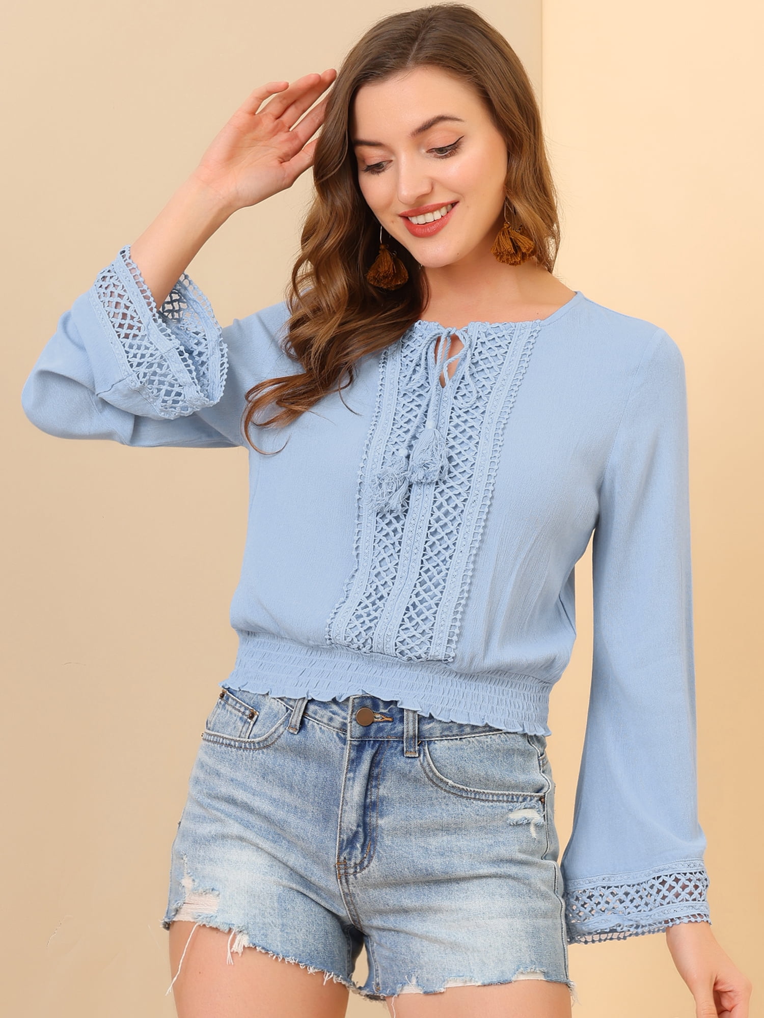DARING DIVA Women's Bell Sleeve and Smocked Waist Peasant Top XS Blue