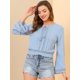 thumbnail image 2 of INSPIRE CHIC Blusa recortado con dobladillo fruncido y manga de campana con cuello de lazo campesino bordado de encaje para mujer Azul grisáceo M, 2 of 6
