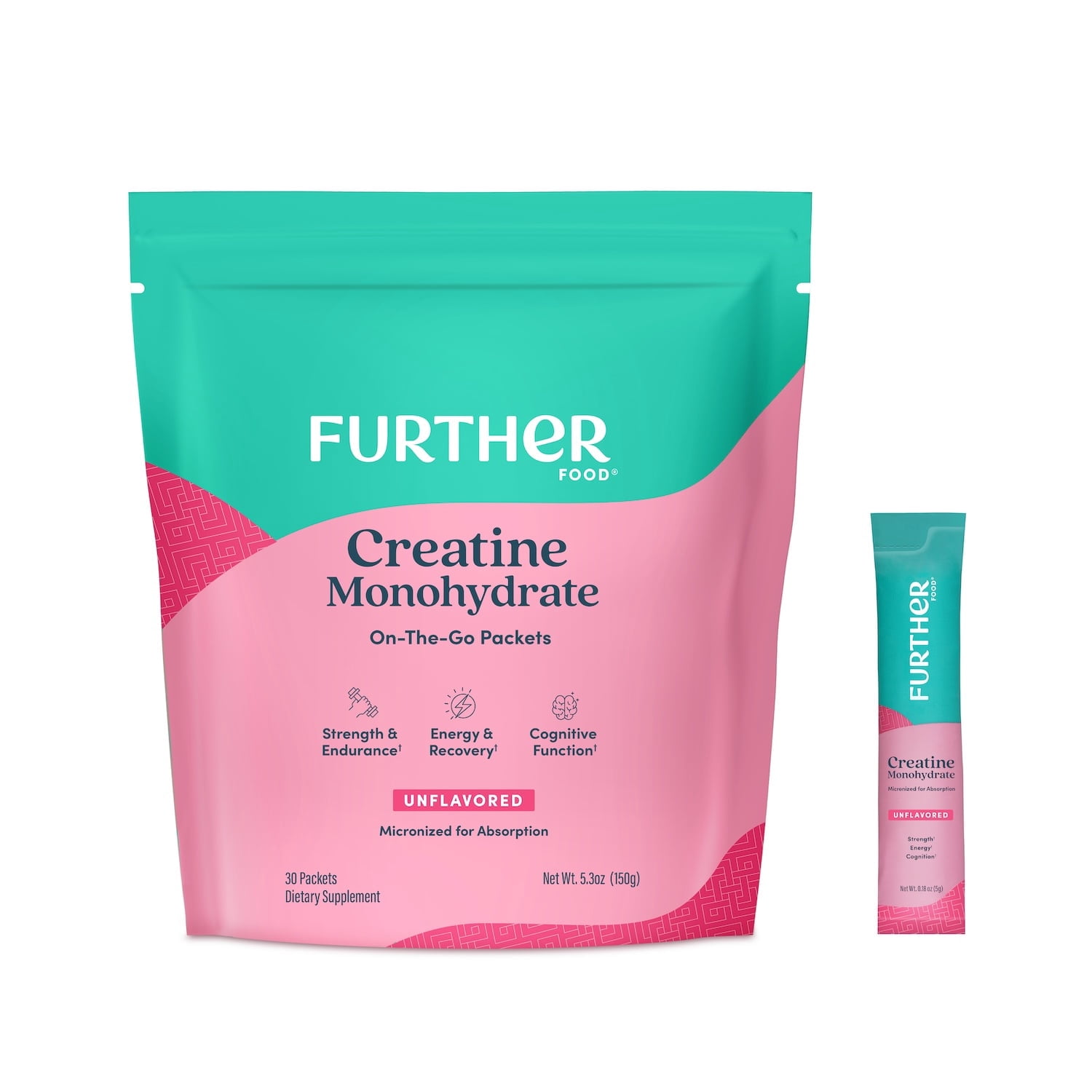 Further Food Creatine Monohydrate Powder Stick Packs, Unflavored, 30 Servings