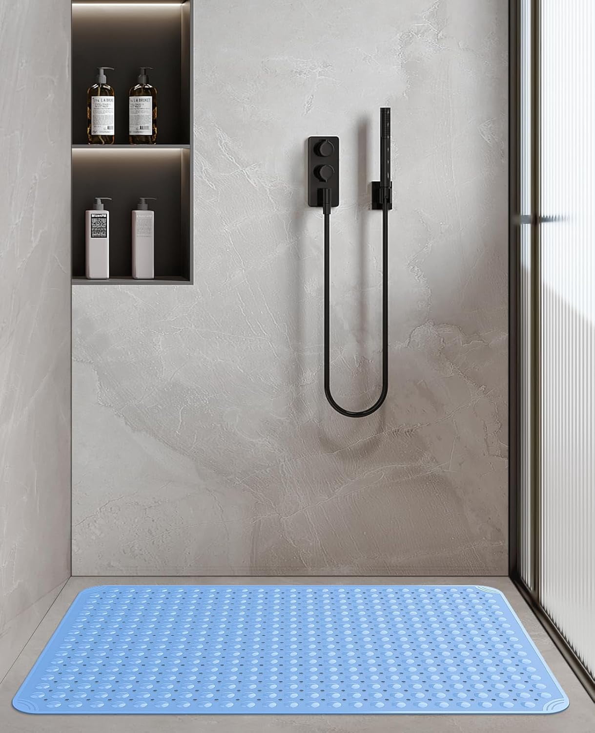 Yolife Extra Large Shower Mat 47.2"x31.5" - TPE Non-Slip Bath Mat/Suction Cups & Drain Holes, Heavy Duty for Shower Stall, Odor-Free,Light Blue
