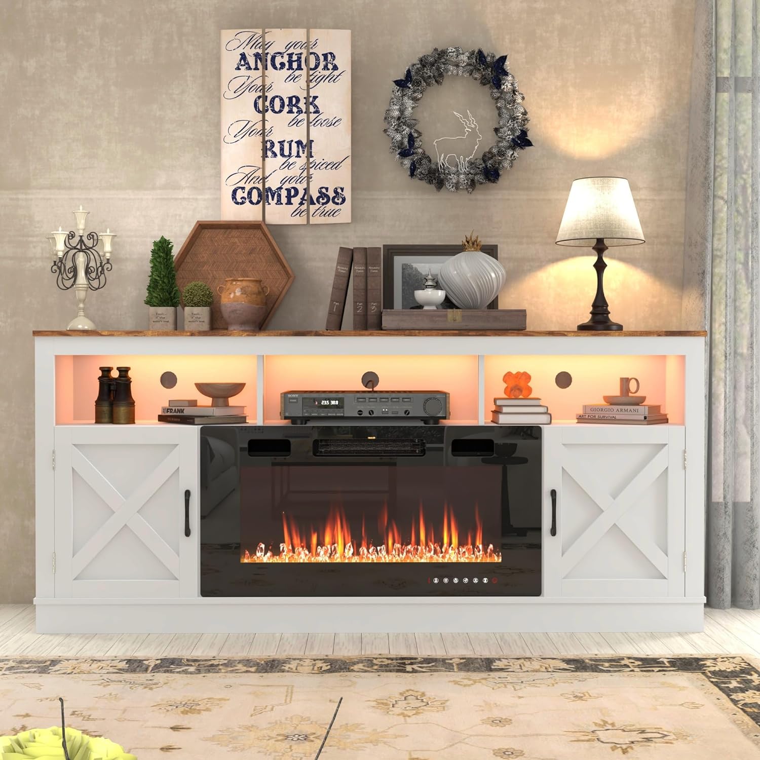 Chvans 80" Fireplace TV Stand with Barn Doors, Farmhouse photo 7