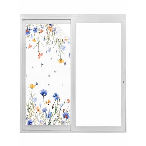 Spring Floral Window Privacy Film, Elegant Butterfly Summer Botanical Static Cling UV Sun Blocking Tint Film Heat Control Windows Films for Bedroom Bathroom, Window Stickers 17.7"x39.3"