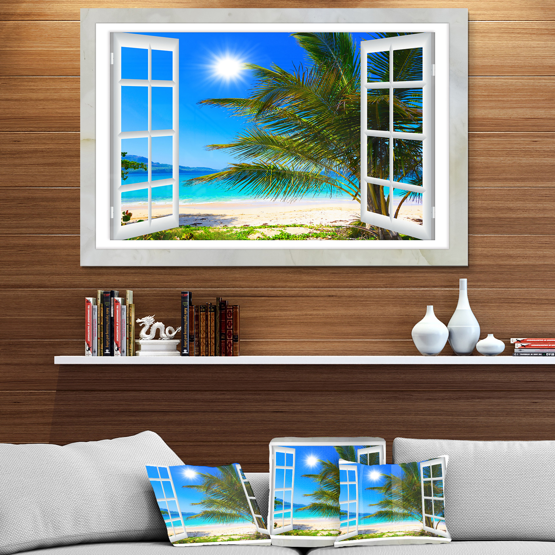 Designart 'Window Open to Beach with Palm' Metal Wall Art