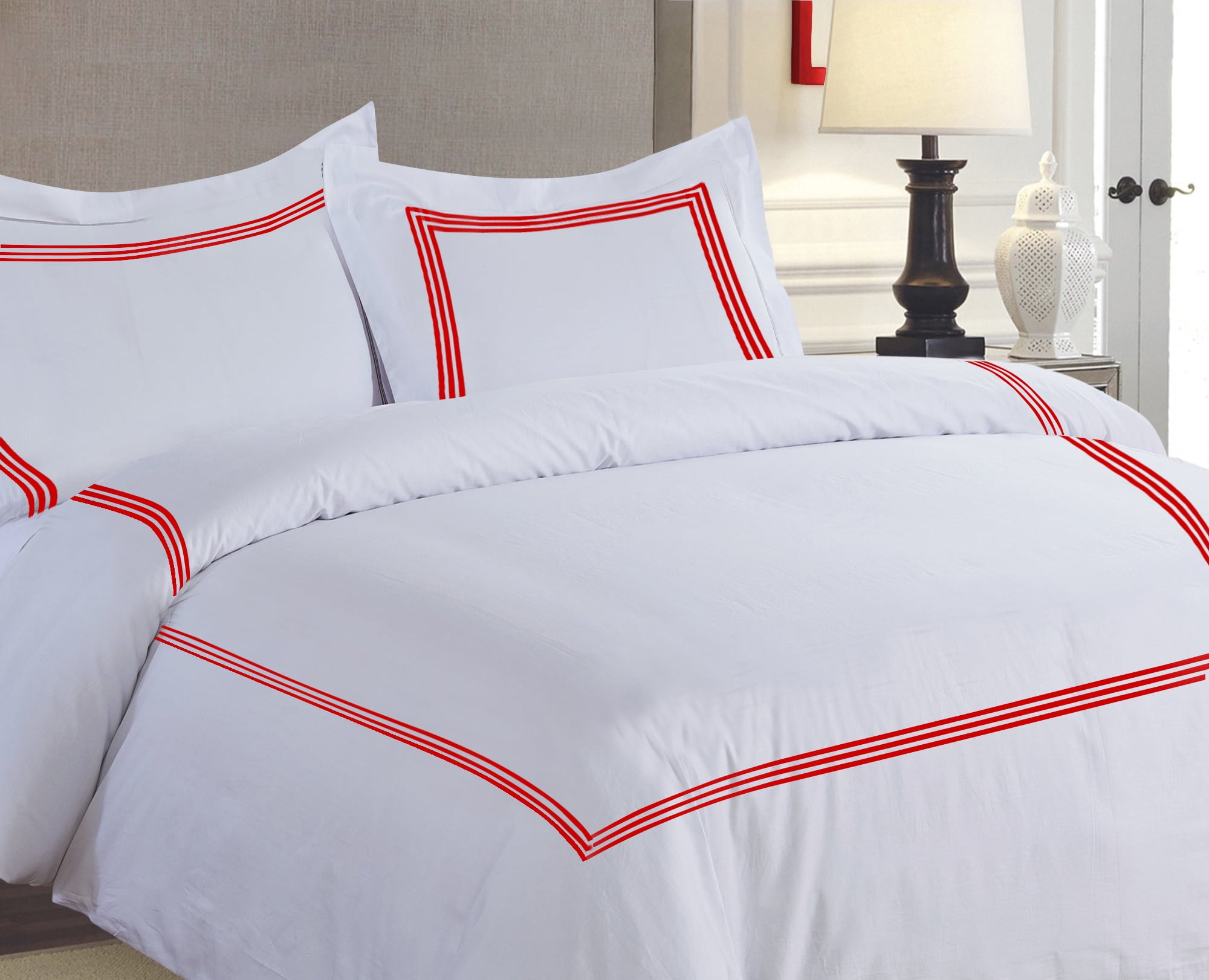 MISR LINEN 400 Thread Count Egyptian Cotton Full/Queen Size 3-Piece DuvetCover Set with 3 Line Embriodery Zipper Closer & Corner Ties (1 Duvet Cover & 2 Pillow Sham), Blood Red Solid