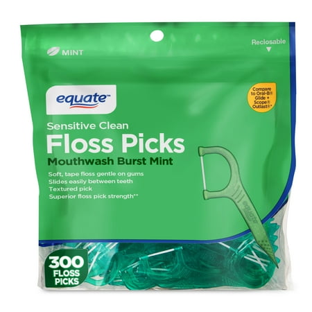 Equate Sensitive Clean Floss Picks, Mouthwash Burst Mint, 300 Count