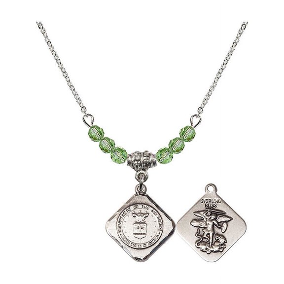 18-Inch Rhodium Plated Necklace with 4mm Green August Birth Month Stone Beads and Air Force Diamond Charm