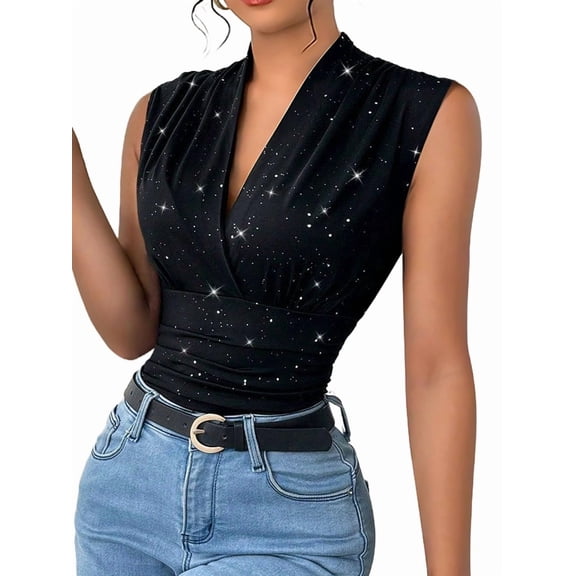 Summer Tops for Women V Neck Going Out Tops Stretchy Sequin Tank Sexy Casual Outfits Black XL