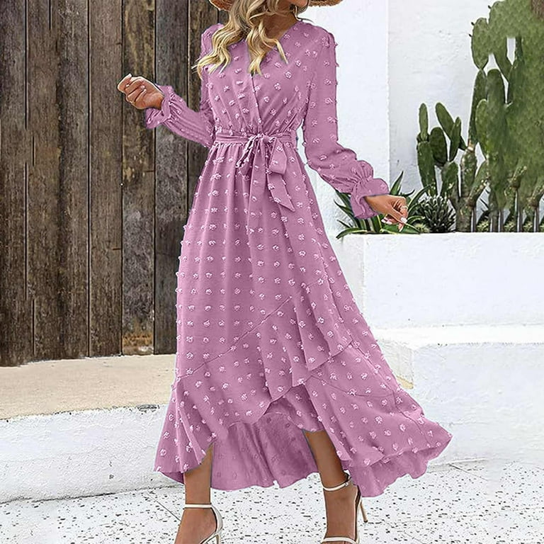 Taqqpue Women's Long Sleeve V Neck Maxi Dress Casual Swiss Dots Bohemian Flowy Pleated Belted A-Line Long Dress Fall Holiday Boho Midi Dress Cocktail