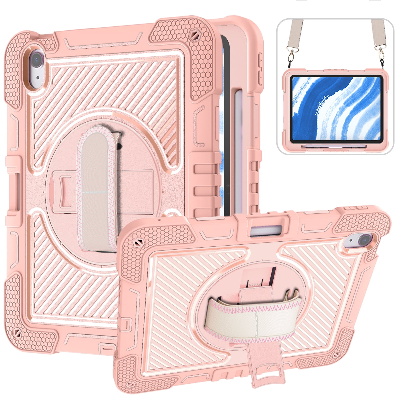 For iPad Air 11 inch M4/M3/M2 (2026/2025/2024) Heavy Duty Shockproof Case Cover with Kickstand & Shoulder Strap & Hand Strap