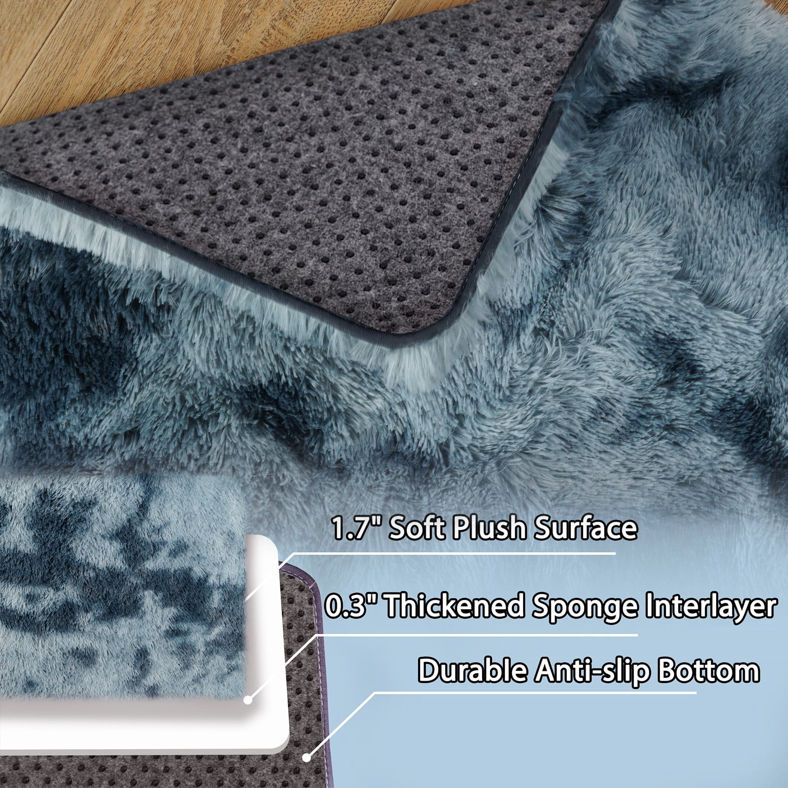 ZENELESS Super Soft Fluffy Rug,6x9ft Anti-skid Shaggy Rug, Plush Floor Carpet for Living Room Bedroom Nursery Tie-dye Blue&Gray