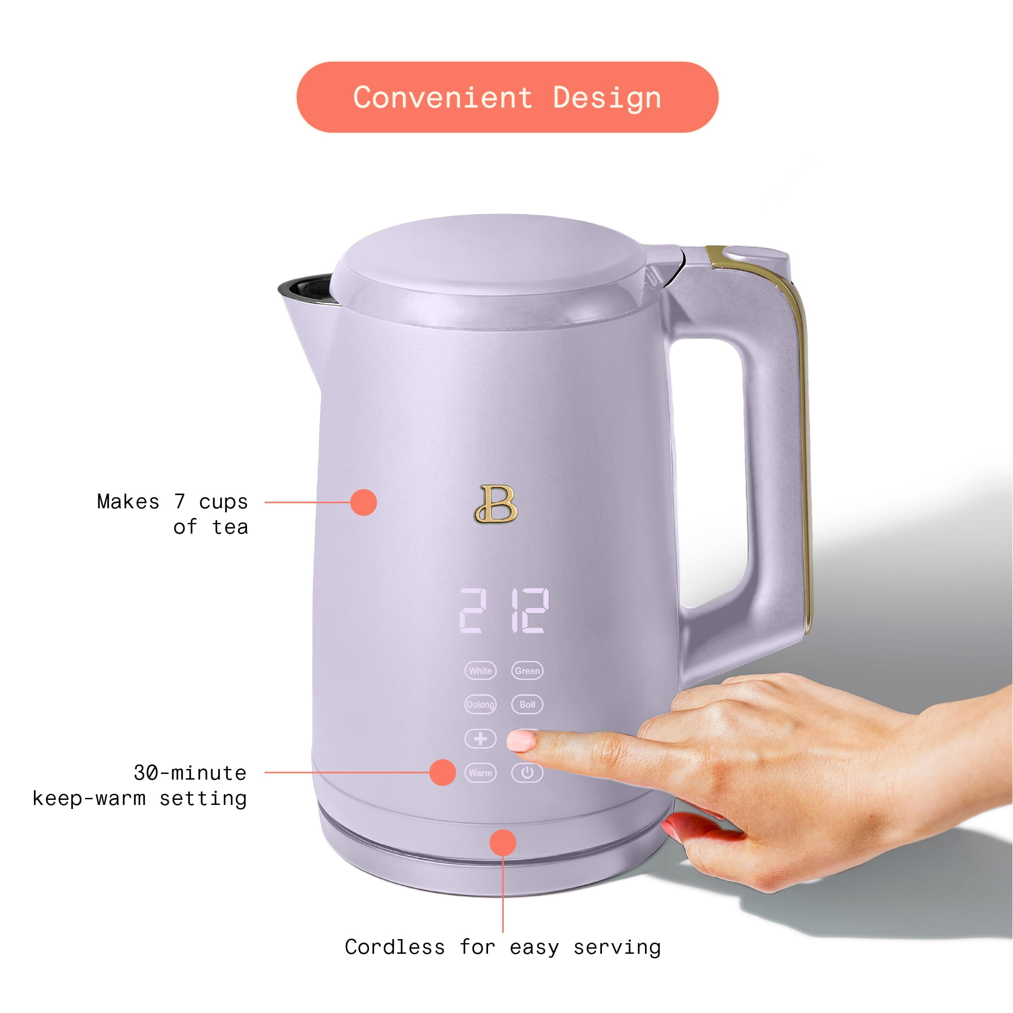 Beautiful 1.7-Liter Electric Kettle 1500 W with One-Touch Activation,  Lavender by Drew Barrymore