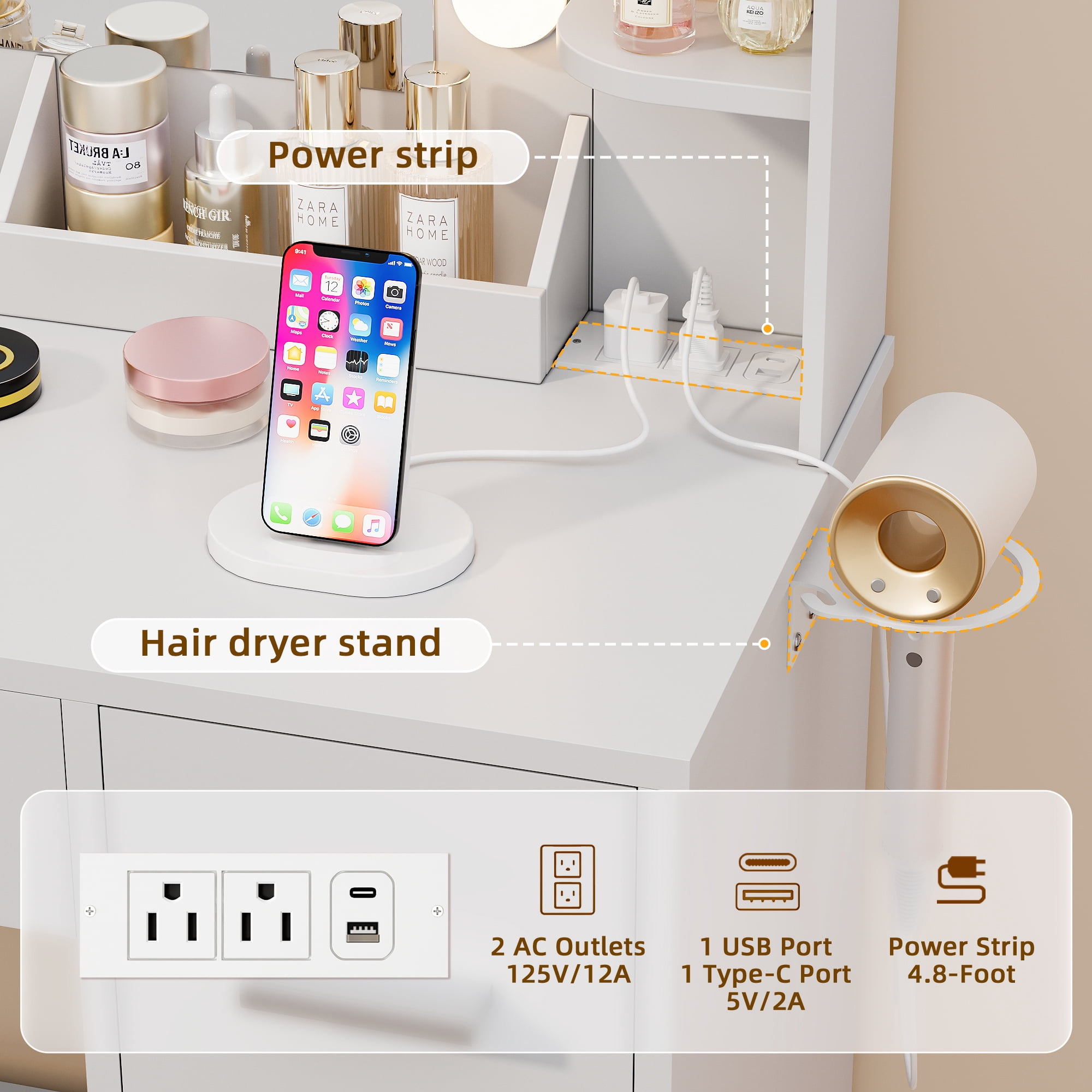 Homall Vanity Desk with Lights & Mirror, Makeup Vanity Set with Power Outlet & Storage Drawers Shelves for Bedroom, White