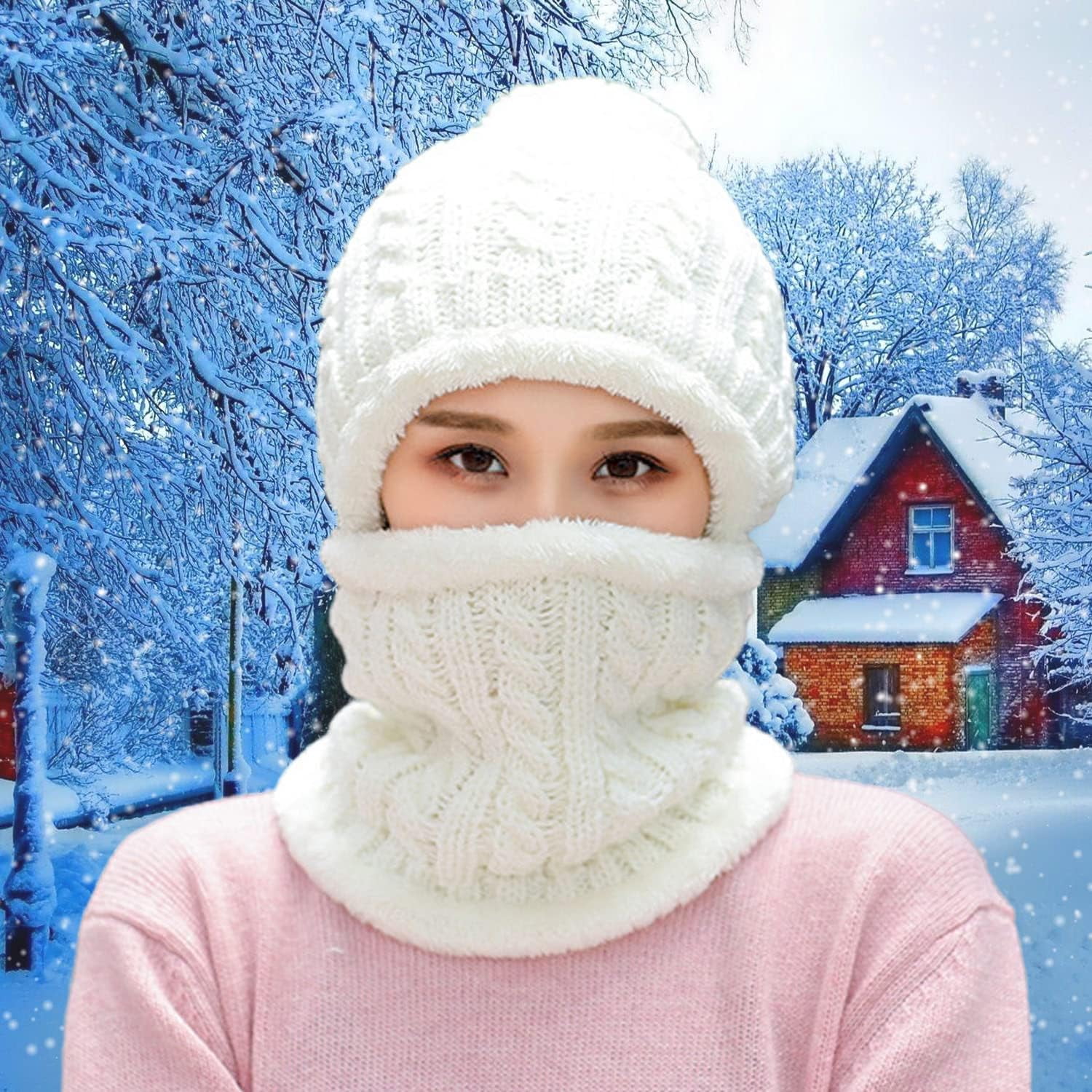 Zhengup Women Winter Beanie Hats One Piece Fleece Lined Knit Balaclavas Mask Set Skull Neck Circle Scarf Ski Snow Hat Pompom