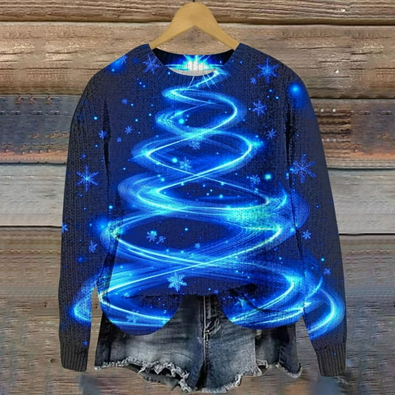 Women Christmas Sweater Sweaters Women Casual Christmas Round Neck Long Sleeve Sweater with Loose Fit and Unique Christmas Prints