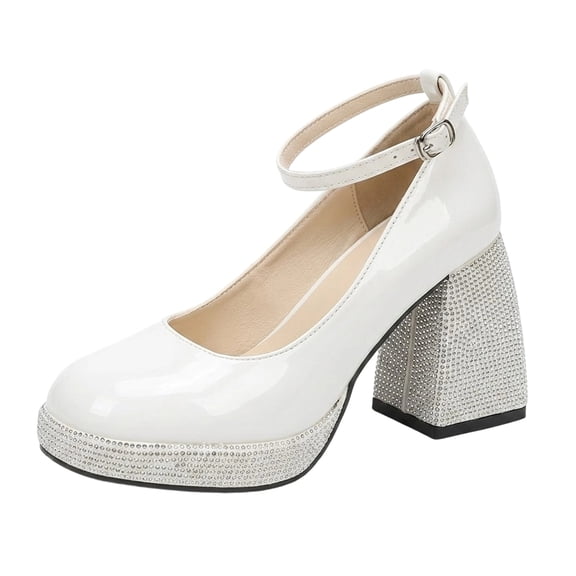 SACFOF Women’s High Chunky Platform Closed Toe Block Heels Square Toe Ankle Strap Dress Wedding Party Pumps Shoes