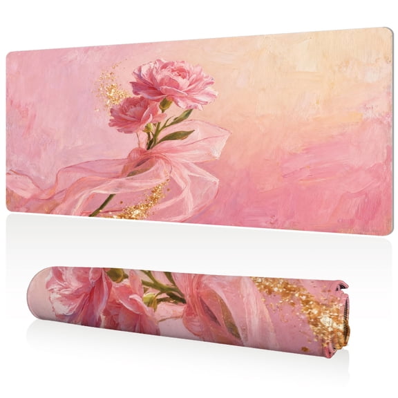LIVEKEY Mouse Pad Ultra Large 80x40cm Full Desk Coverage Pink Carnation with Ribbon Design Durable Easy Clean Non Slip