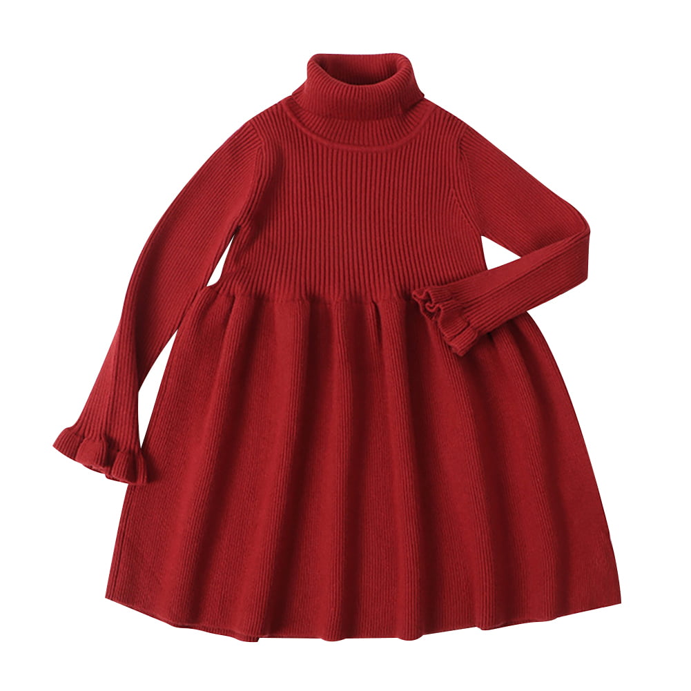 Ruffle IBTOM Knit CASTLE Playwear 6-7 Ribbed & Red Turtleneck Sleeve Wine Dress Casual Sweater Christmas Long Years Kids Baby Girls