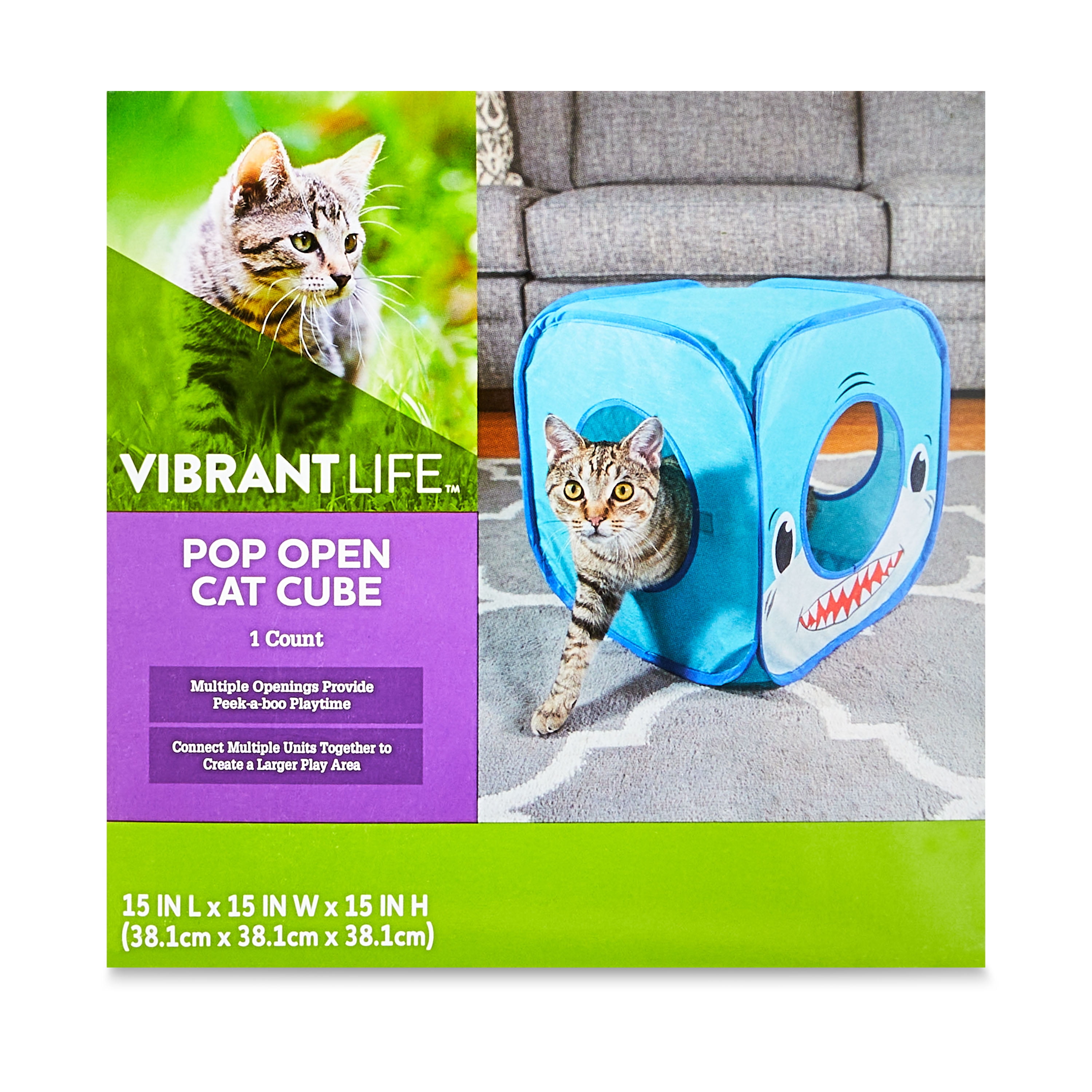 (3 pack) Vibrant Life Pop Open Shark Collapsible Cat House, Blue, 15"