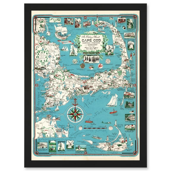 1949 Cape Cod Nantucket Massachusetts Pictorial Map Chase A4 Artwork Framed Wall Art Print