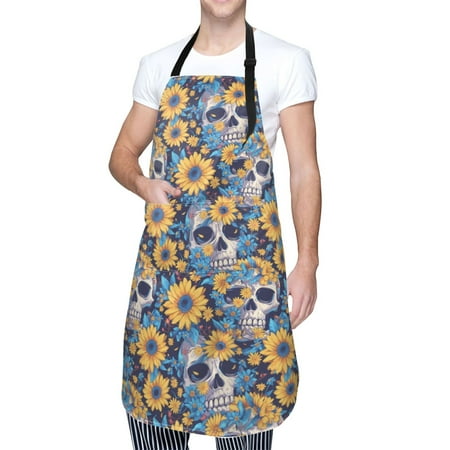 

Cauagu Skull daisy yellow blue Aprons with Pockets Waterproof Apron for Women Kitchen Cooking Apron Adjustable Bib Aprons Chef Apron for Cooking Drawing Crafting