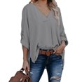 thumbnail image 2 of Blusa de manga larga para mujer Cuello en V Dobladillo irregular Diseño dividido Ajuste holgado Color sólido Top informal Gris XL, 2 of 7