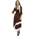 thumbnail image 2 of Bimba Brown Cold Shoulder Sleeves Midi Calf Asymetrical Hem Dress with Scarf - 4, 2 of 5