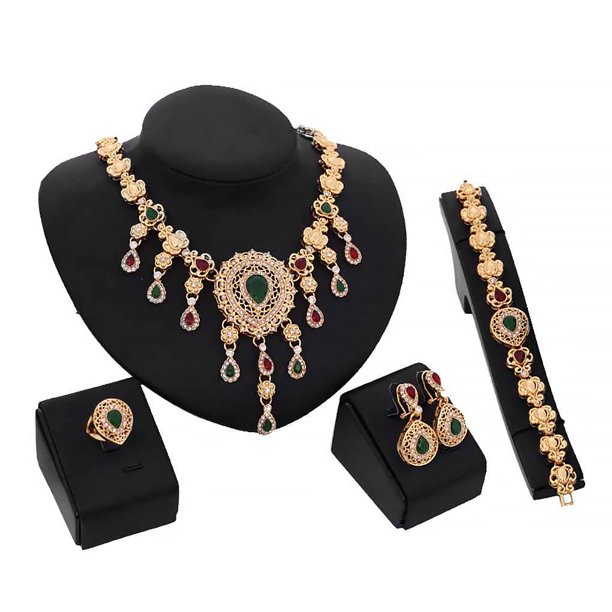 Qarigey 4 Uds. Conjunto de joyería para mujer, collar con incrustaciones de diamantes de imitación de aleación, anillo, pulsera, pendientes, regalo Ropa, zapatos y accesorios Miscelánea