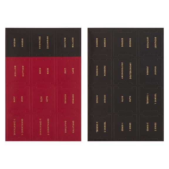 Christian Art Gifts Bible Indexing Tabs for Men & Women: Self Adhesive Pre-cut Red & Black Old & New Testament Gold Index Labels, Extra Study Stickers, 66 Book Names, 6 Easy Peel Apply & Stick Sheets
