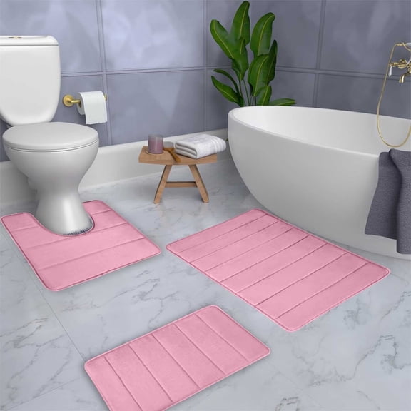 CCWADH Bathroom Rugs Sets 3 Piece, Ultra Soft Polyester Bath Rugs, Non-Slip Backing Bathroom Mat Set, Washable Quick Dry U-Shaped Toilet Mat for Tub, Shower - Pink[31.5"x20" 16"x24" 16"x20"]