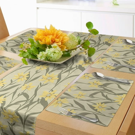 

Floral Table Runner & Placemats Repetitive Vintage Style Pattern of Mustard Tone Flower Silhouettes Set for Dining Table Placemat 4 pcs + Runner 14 x90 Grey Yellow and Slate Brown by Ambesonne