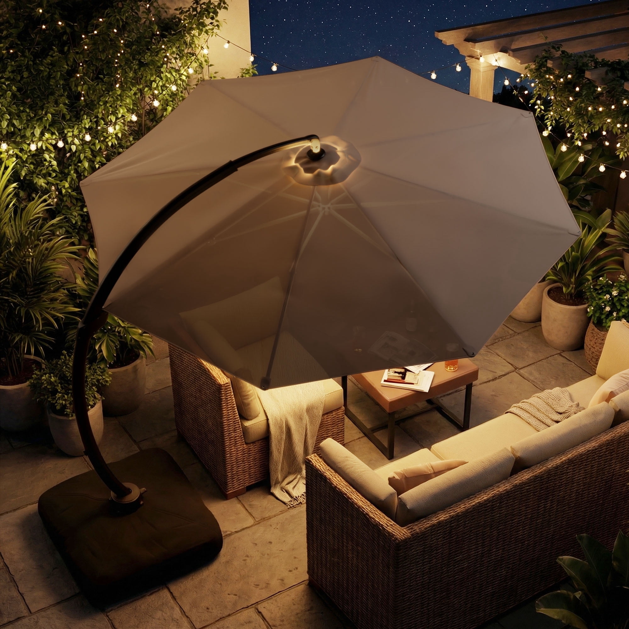 LAZZO 11ft Outdoor Patio Umbrella with Base and Lights, Aluminum Offset Cantilever Umbrella for Pool Deck, Champagne
