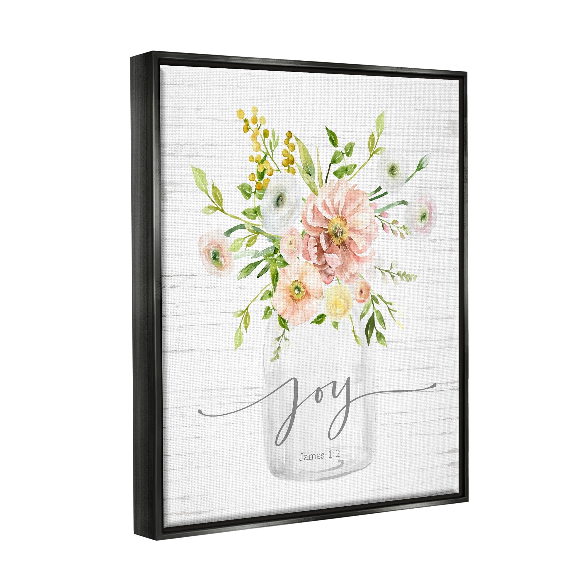 Stupell Industries Country Bouquet Floral Arrangement Religious Joy Script Graphic Art Jet Black Floating Framed Canvas Print Wall Art, Design by Lettered and Lined