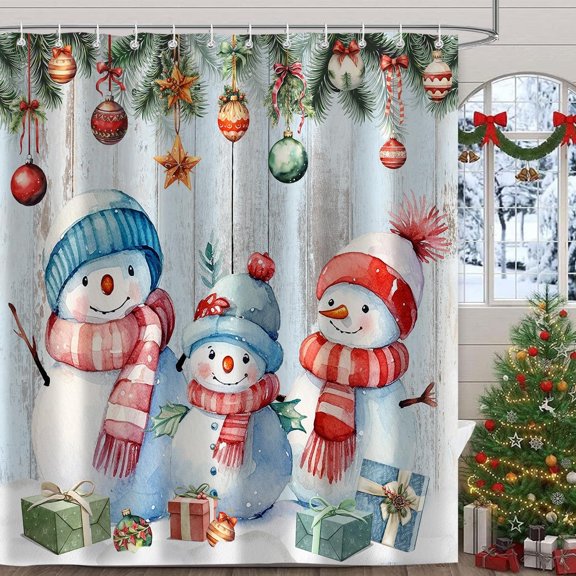 Merry Christmas Shower Curtain, Snowman Xmas Pine Trees New Year Holiday Winter Snowflake Wood Board Shower Curtains Decor for Bathroom Set, Fabric Cloth Waterproof with 12 Hooks, 72x72 Inch