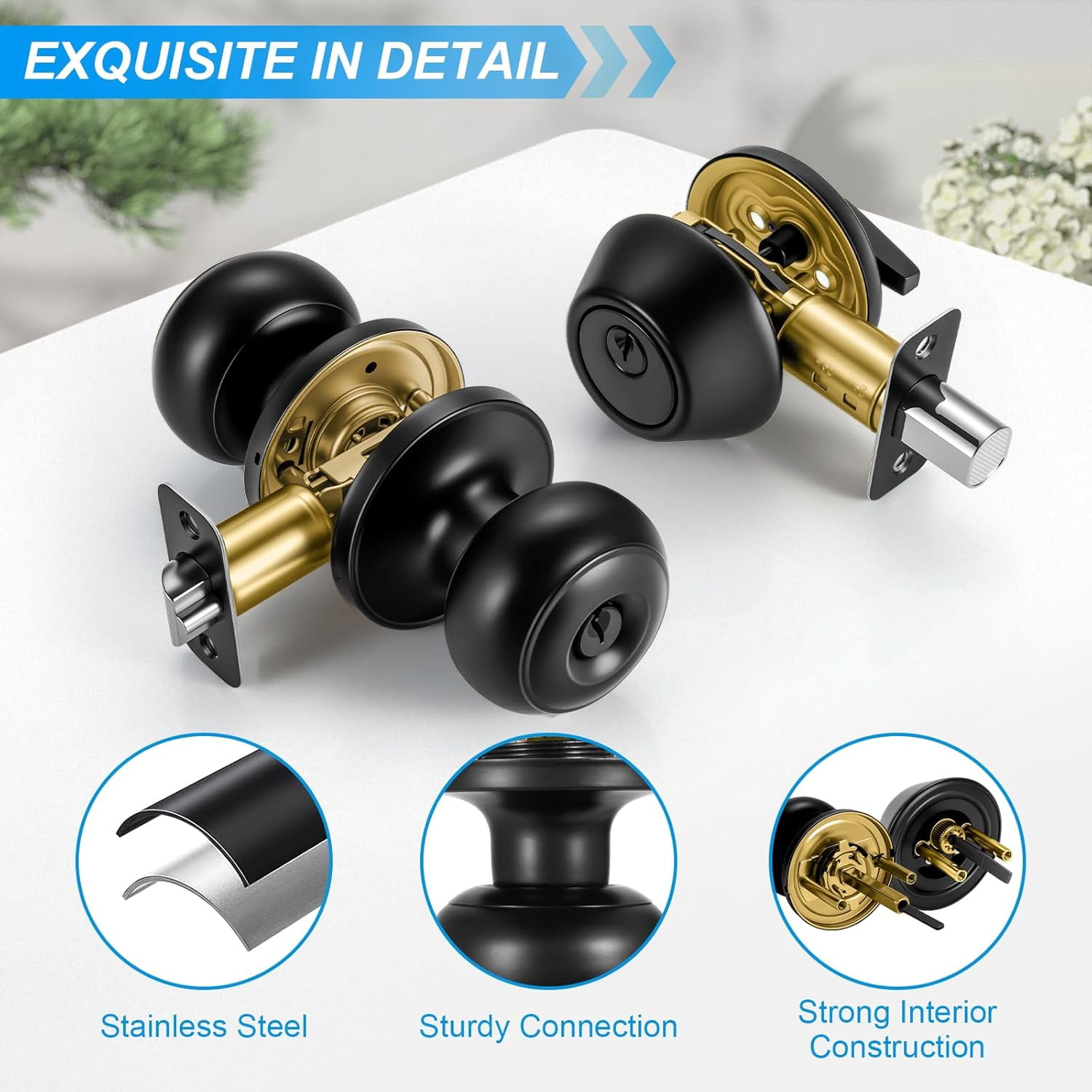3 Pack Front Door Lock Set Matte Black,Exterior Door Lock Set with Deadbolt,Single Cylinder Deadbolt Lock and Door Knob Set,Keyed Alike Door Knobs with Lock&Keys,Round Ball Entry Door Lockset