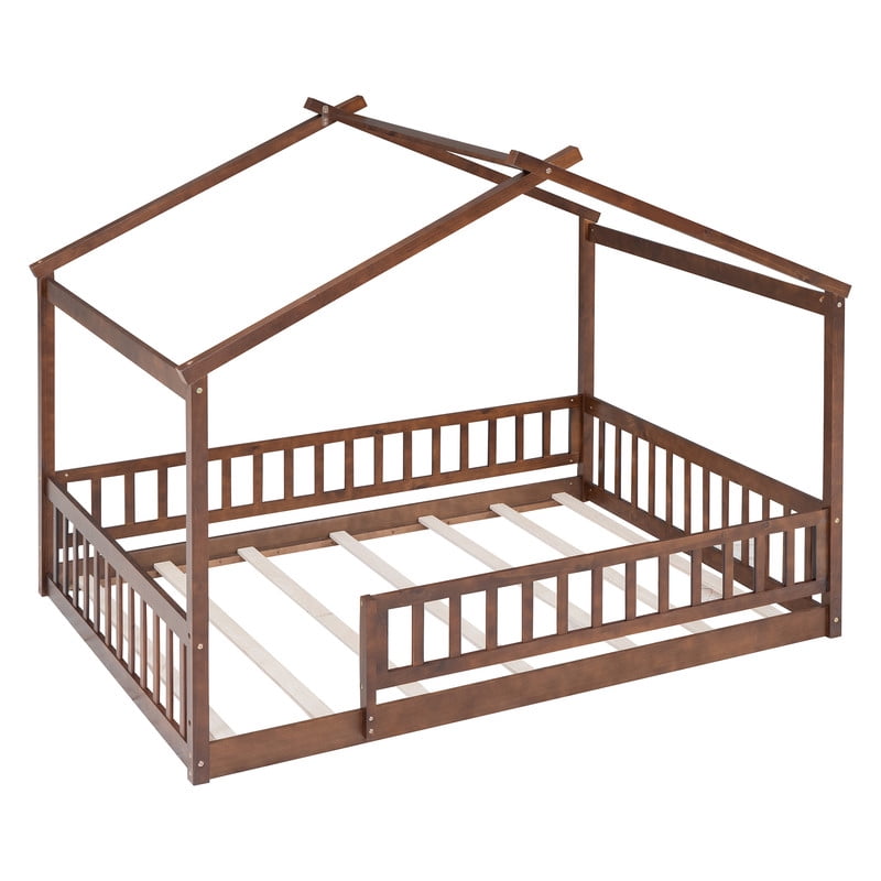 Full Size Wood House Bed with Fence and Roof Frame, Kids Floor Montessori Bed with Safety Guardrails, Sturdy Pinewood Playhouse Bed for Boys Girls