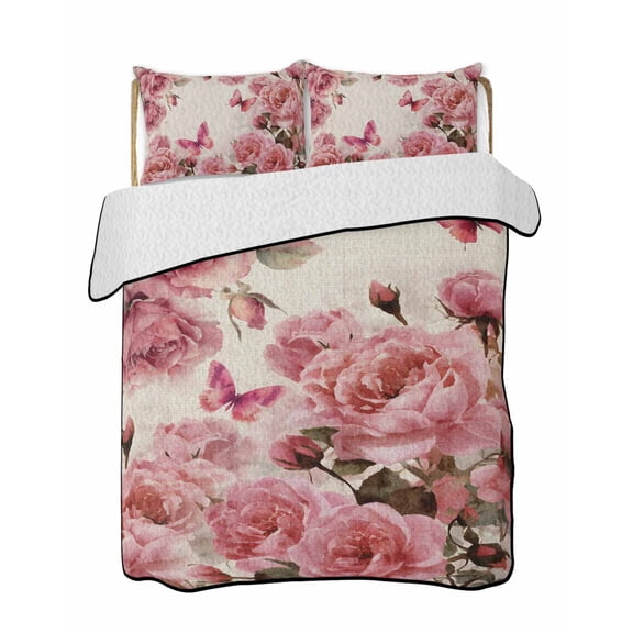 Quilt King Size Bedding Set, Pink Roses Reversible Summer Quilt 3 Pieces, Spring Floral Elegant Pastoral Butterfly Retro Lightweight Bedspreads Coverlets with 2 Pillow Shams for All Seasons