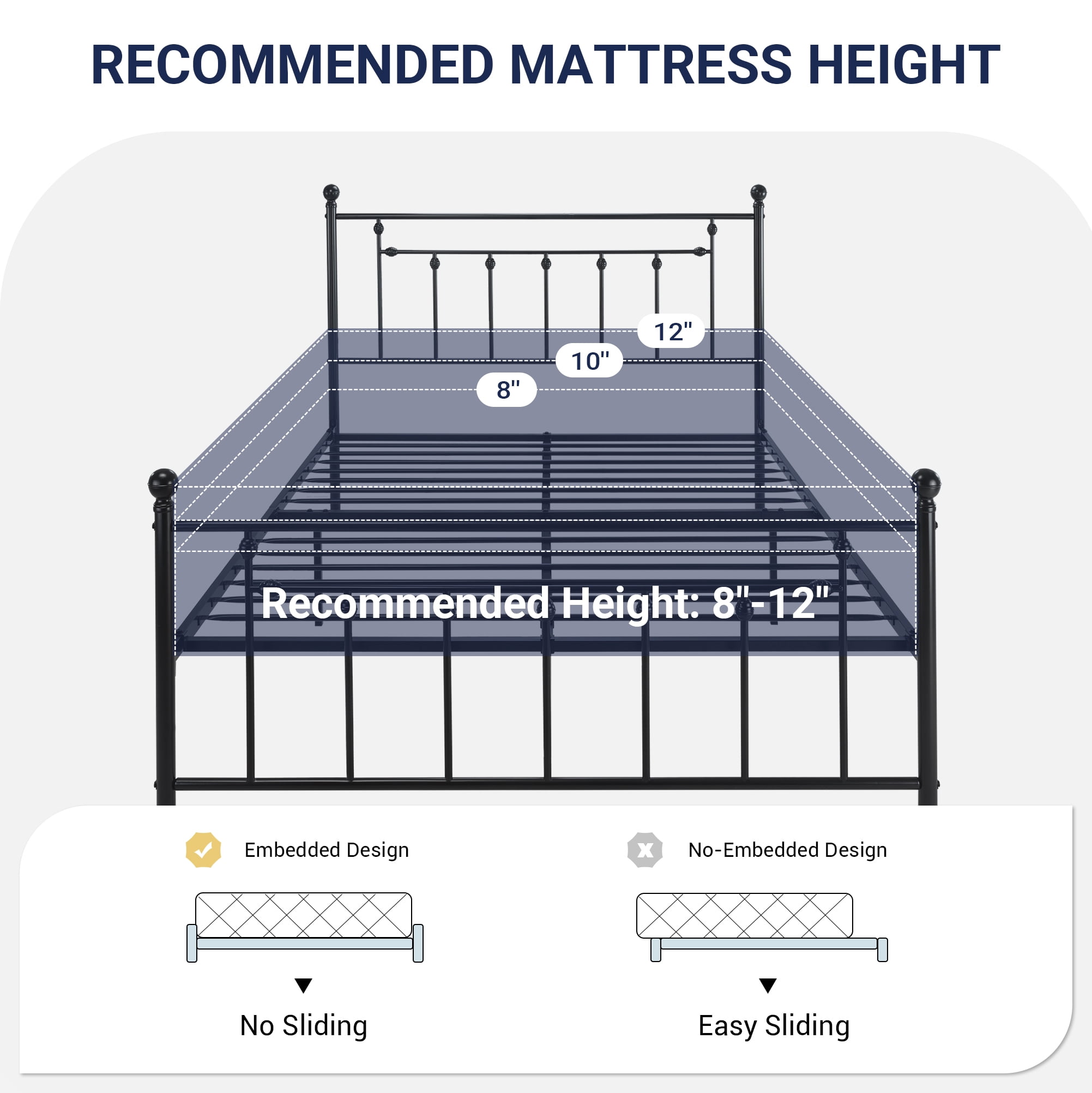 Sifurni Queen Size Metal Platform Bed Frame with Victorian Vintage Headboard, Black