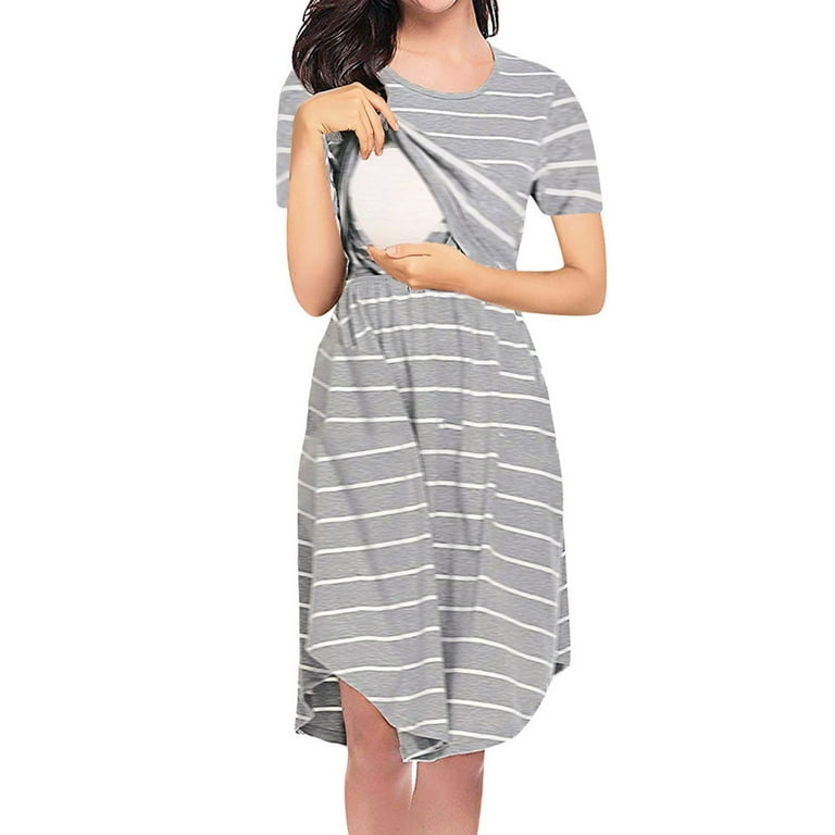 HANXIULIN Women Maternity Casual Striped Short Sleeve Round Neck Nursing  Dress Striped Multifunctional Striped Maternity Dress Mom Lactation Dress  Gray L - Walmart.com