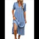 thumbnail image 3 of Vestido Informal de Verano para Mujer, con Volantes, Corta, Cuello en V, Botones, Estilo Bohemio, para Playa, Corte en A, Fluido, con Azul S, 3 of 10