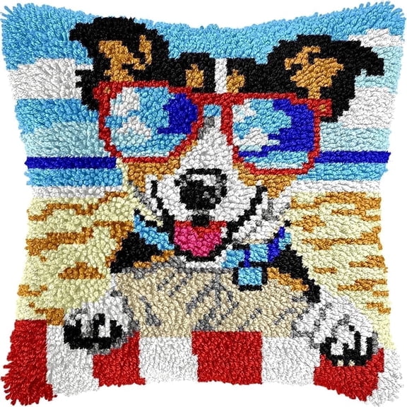 Cool Dog Latch Hook Kits for Adults Beginners, Animals Latch Hook Pillow Kit, Pre-Printed Latch Hook Rug Kits, Cross-Stitch Cushion for Home Sofa Decoration 17"x17" Handmade Gift