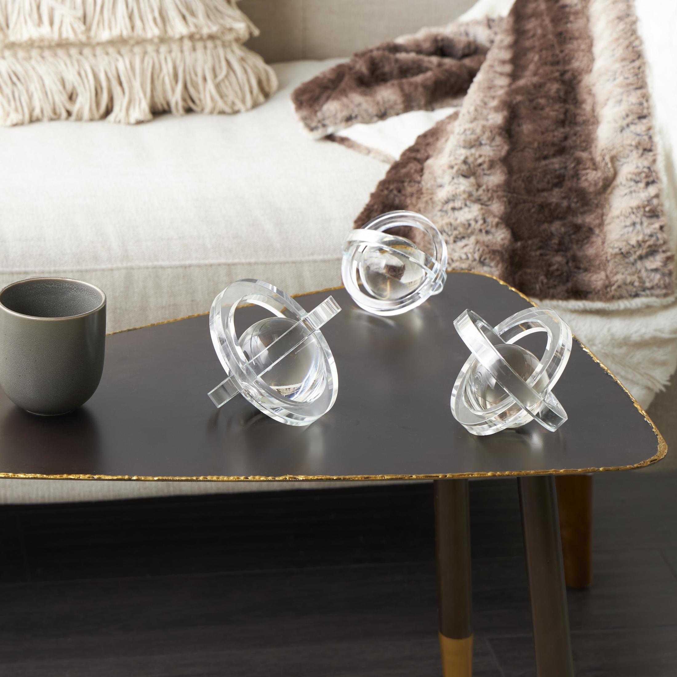 4", 4", 3"H Clear Glass Orb Geometric Sculpture with Overlapping Rings and Ball Center, by DecMode (3 Count)