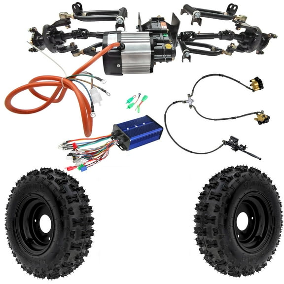 Front Axle Kit 4 Wheel Drive Half Axle Assembly Shock Swingarm Tie Rod & 72V 1500W Differential Motor Controller Brake & 4.10-6 Wheels Tires for Electric Go Kart ATV Quad Buggy Golf Cart