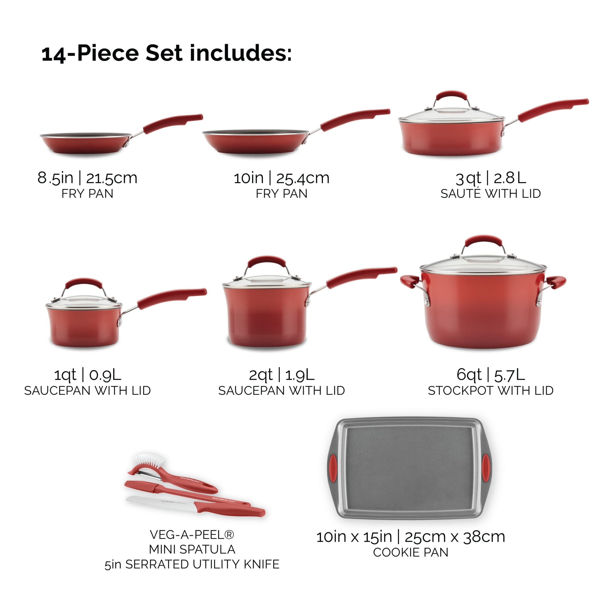 Rachael Ray Create Delicious Hard-Anodized Aluminum Nonstick Cookware Set, 11-Piece, Red Handles
