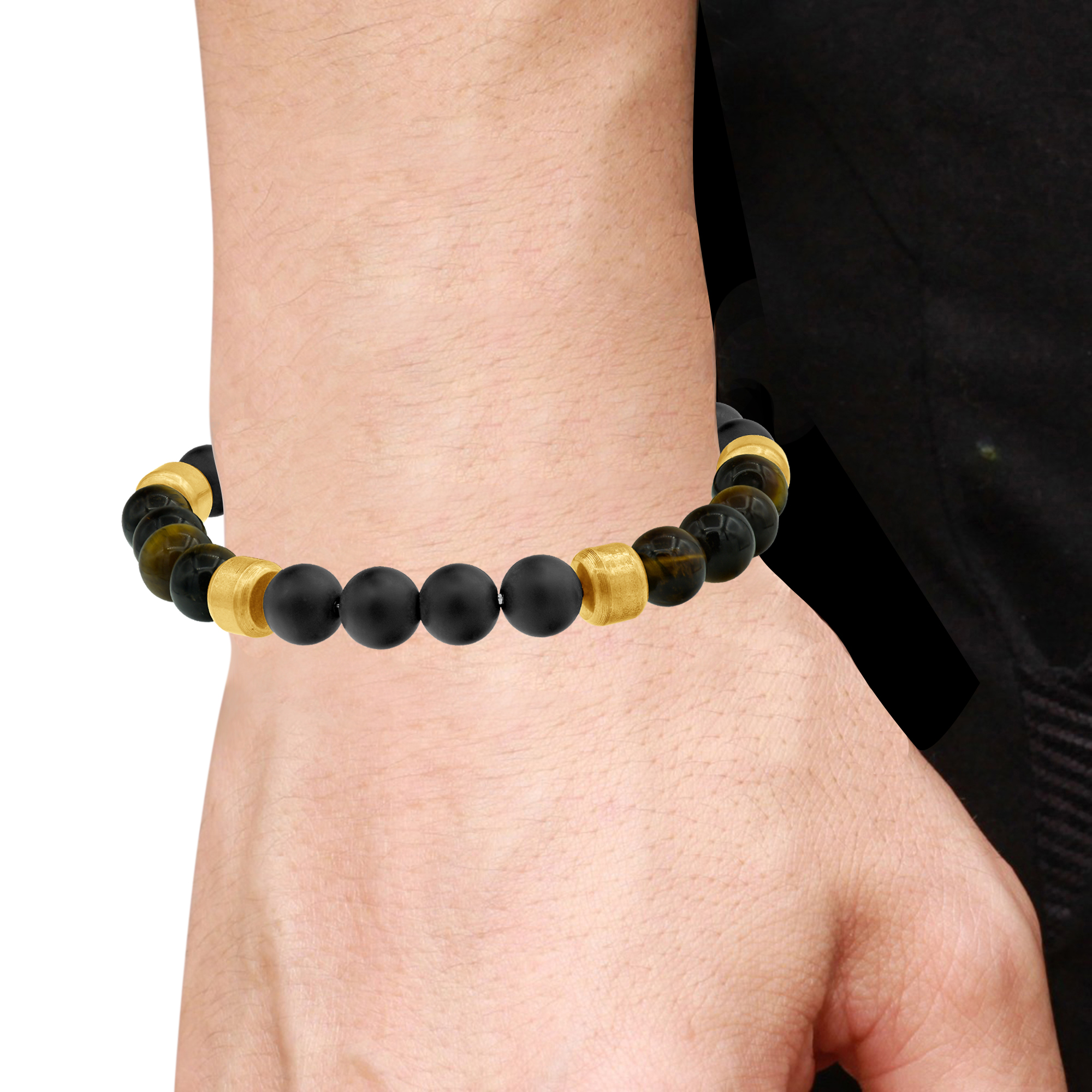 Arista Men's Genuine Onyx and Tiger Eye Beaded Bracelet in Gold Plated Stainless Steel, 8"